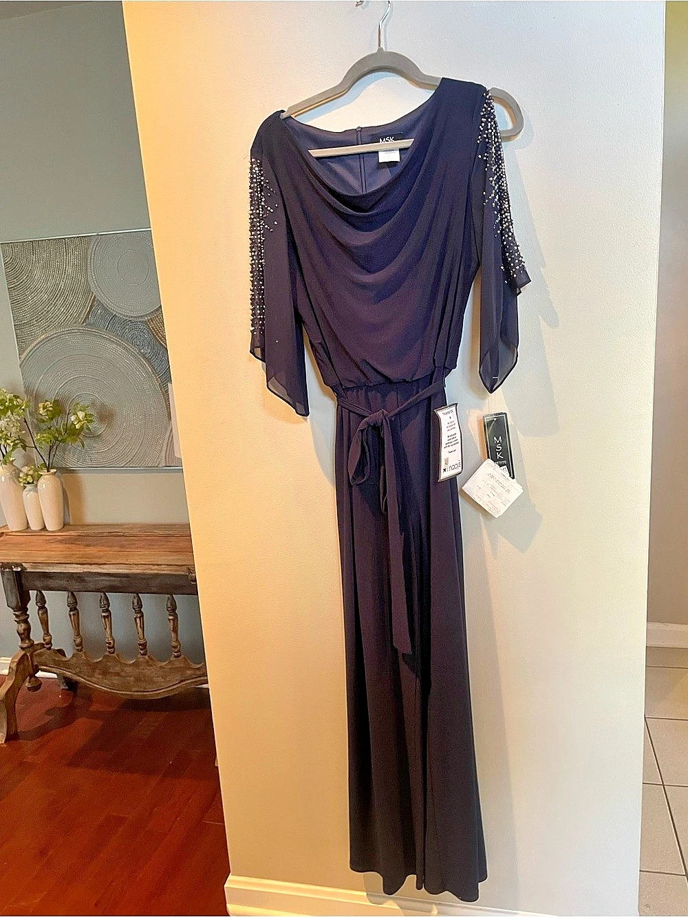 MSK Women's Navy Rhinestone Embellished Cold-Shoulder Blouson Jumpsuit Large
